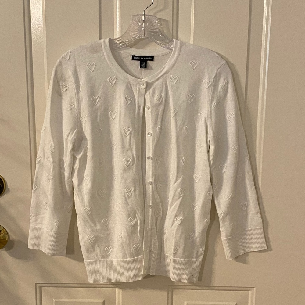 White cardigan sweater with heart detail, size S